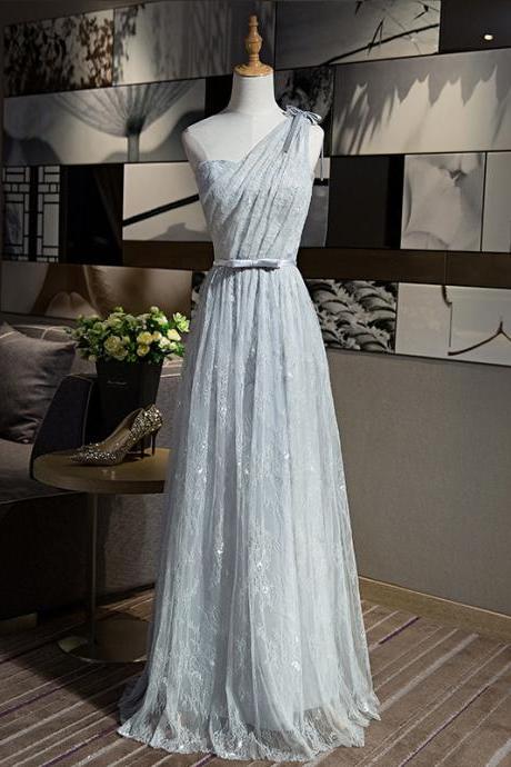 A-line One Shouler Grey Color Elegant Long Evening Party Prom Dress