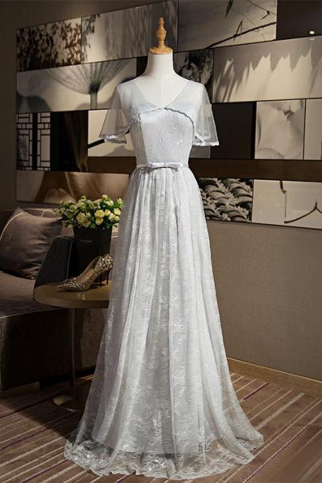 A-line V Neck Grey Color Elegant Long Evening Party Prom Dress
