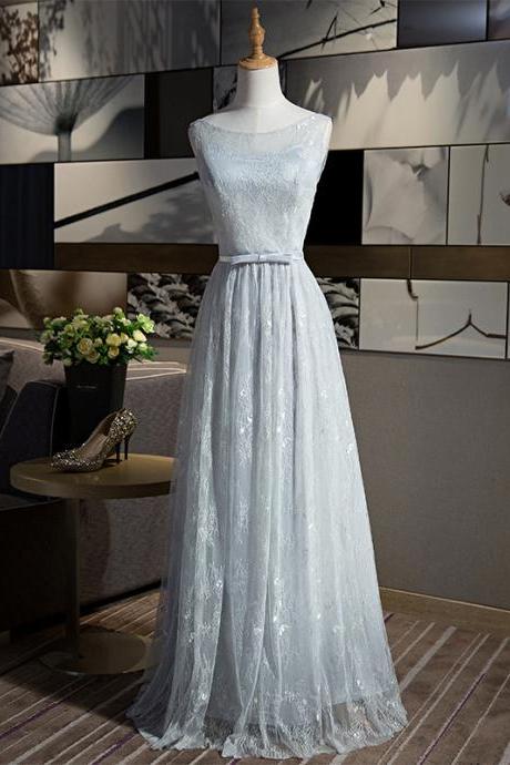 A-line Sleeveless Grey Color Elegant Long Evening Party Prom Dress