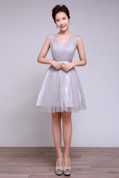 Sweetheart Grey Color V Neck Patchwork Wedding Women Gown Bridesmaid Party Mini Dress