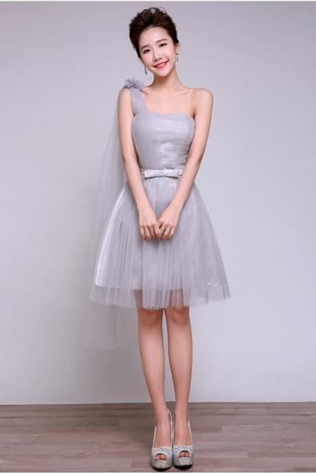 Sweetheart Grey Color One Shoulder Patchwork Wedding Women Gown Bridesmaid Party Mini Dress