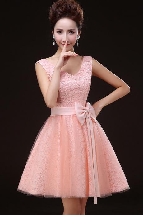 Charming Pink V Neck Sleevless Lace Short/mini Girl/young Lady/women's Dresses Bridesmaids Party/prom/ball Gown