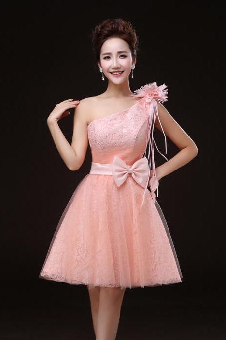 Charming Pink One Shoulder Lace Mini Girl/young Lady/women's Dresses Bridesmaids Party/prom/ball Gown