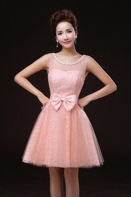 Charming Pink Round Neck Sleevless Lace Mini Girl/young Lady/women's Dresses Bridesmaids Party/prom/ball Gown