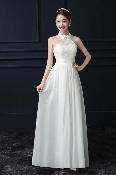 White Color Chiffon Halter Sleeveless Long Bridesmaid Wedding Party Dress