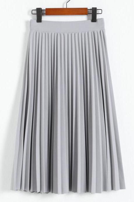 Grey High Rise Midi Pleated A-Line Skirt
