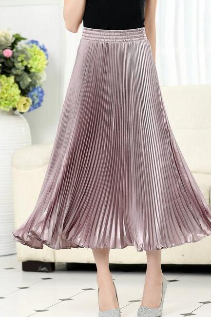 Autumn Satin Summer Casual Smooth Women Elastic Pleated Long Skirt - Naked Pink