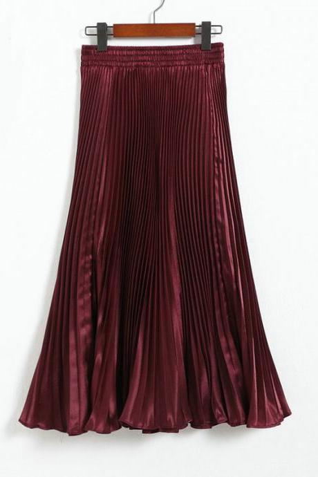 Autumn Satin Summer Casual Smooth Women Elastic Pleated Long Skirt - Wine Red