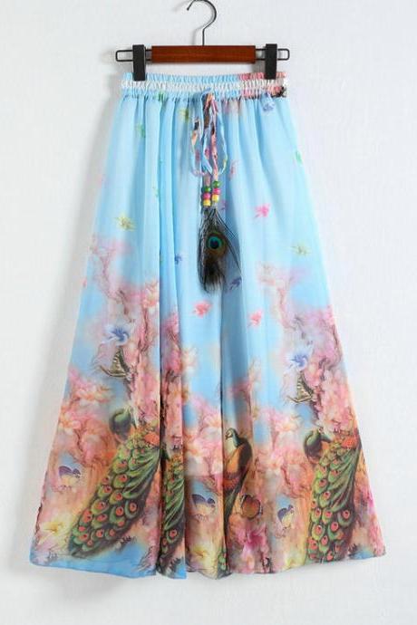 New Peacock Pattern Chiffon Long Skirt