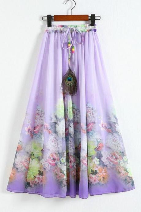 New Purple Printing Pattern Chiffon Long Skirt For Women