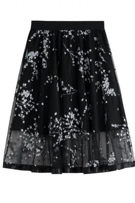 Black Floral Print Mesh Pleated Skirt 