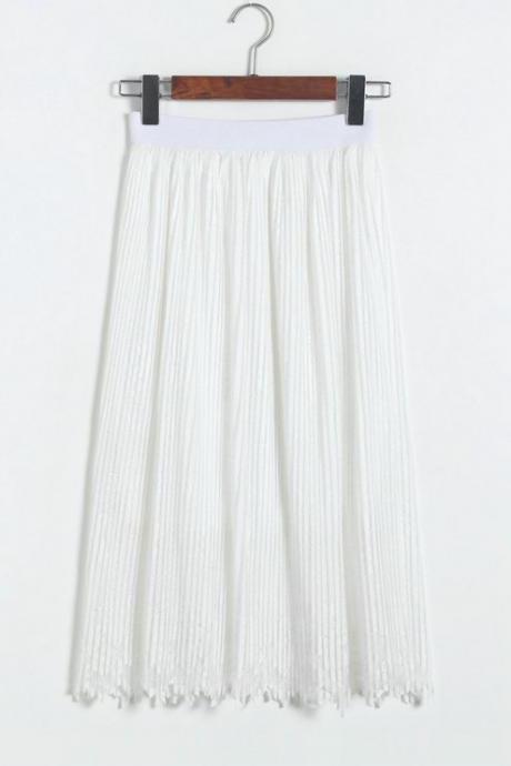 Lace Hollow Pleated Skirts - White