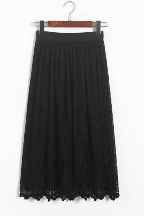 New Lace Hollow Pleated Skirts - Black