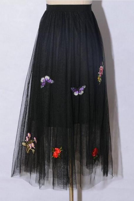 Women Tutu Long Skirt Adorned with Butterfly and Floral Patches - Black