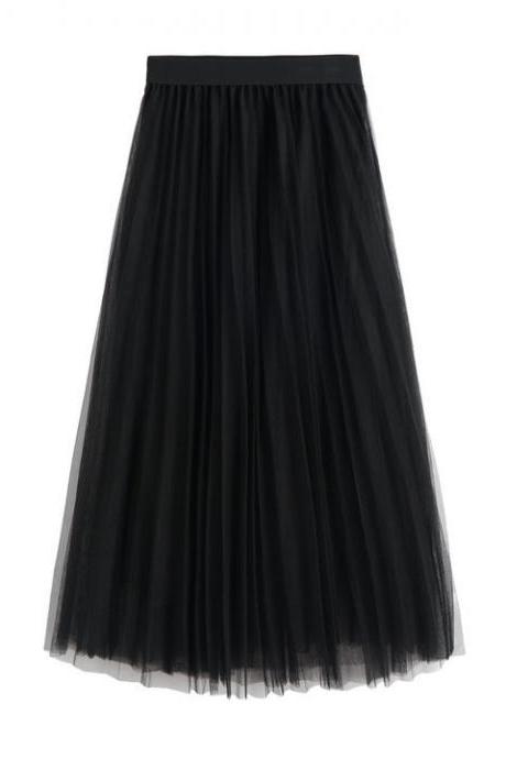 High Waist Pleated Tulle Maxi Skirt - Black