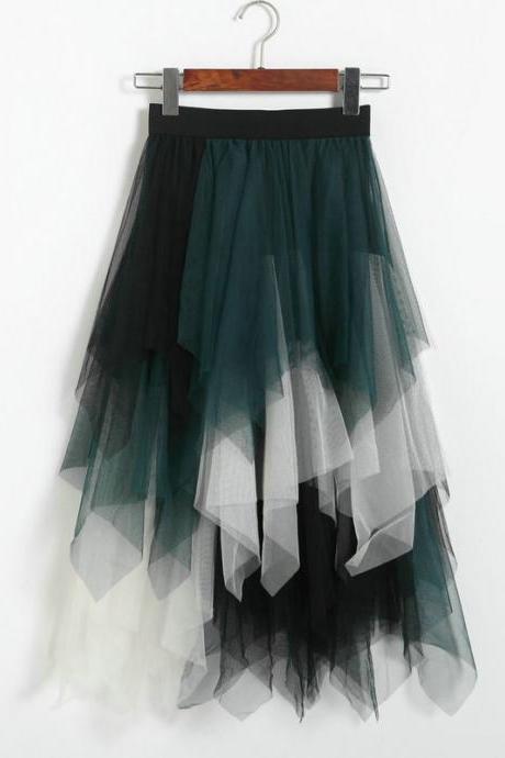 Patchwork Irregular Skirt - Green&amp;amp;amp;white