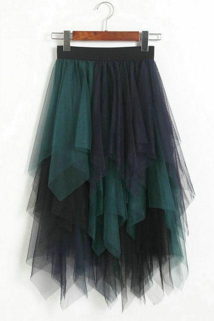 Irregular Tutu Midi Skirt - Green&amp;amp;amp;blue