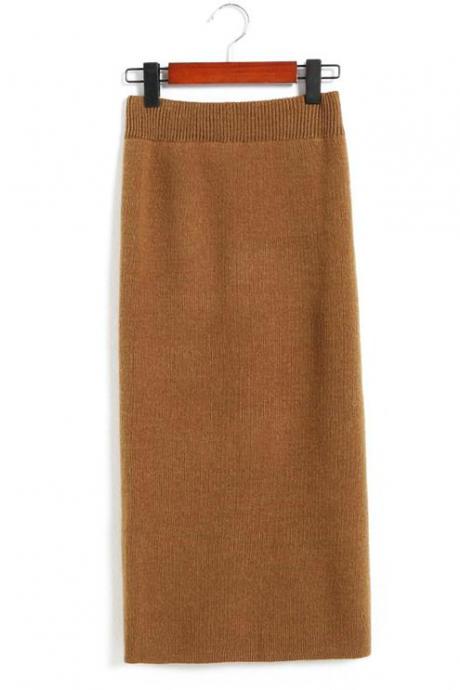 New Spring Autumn Sexy Pencil Skirts Women Knit Package Hip Long Skirt - Khaki