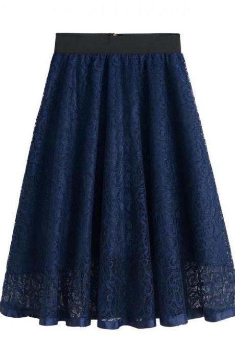 High Waist Gauze Skirt Lace Hollow Female Skirt - Blue