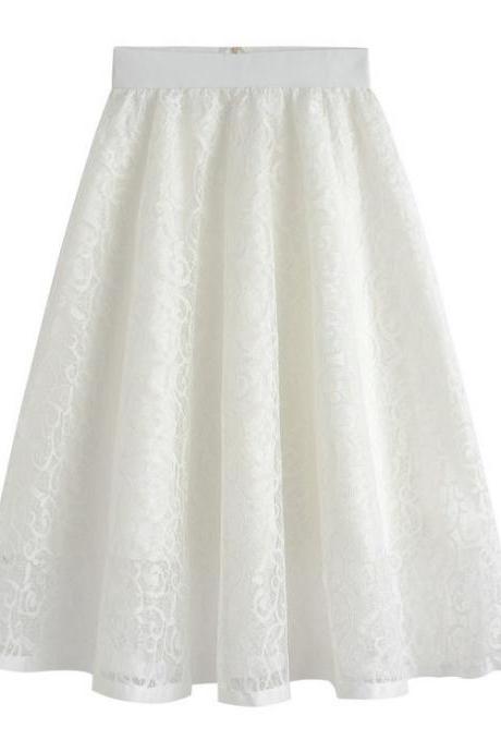 New High Waist Gauze Skirt Lace Hollow Female Skirt - White