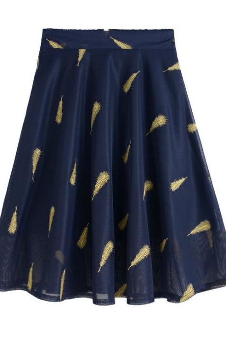 Blue Feather Pattern Embroidery Short Skater Skirt
