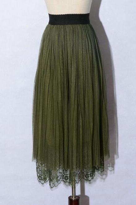 Spring Elegant Lace Patchwork Pleated Skirt - Amy Green