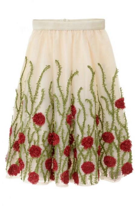 High Waist Flower Print A Line Skirt - Red & Green