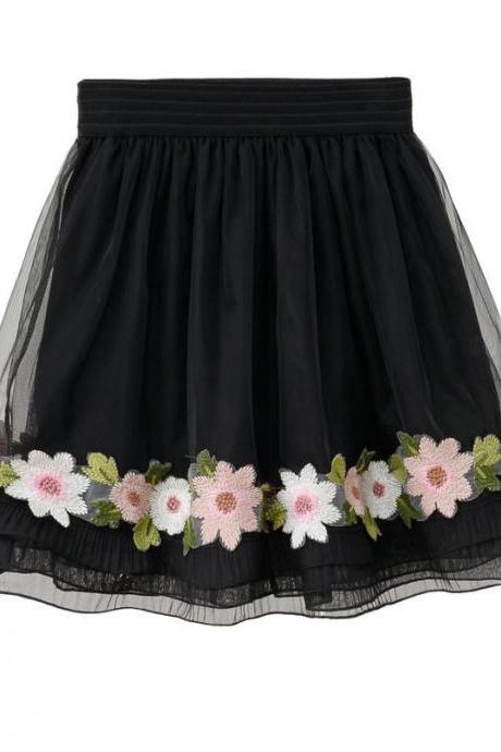 Black Elasticised Floral Embroidered Short A-line Skater Skirt