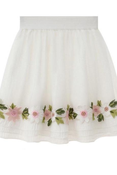 Floral Embroidered White Elasticised High Waisted Short Skater Skirt 