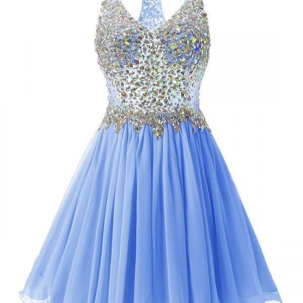 Luxurious V Collar Beads Sleeveless Party Short Dress - Light Blue on ...