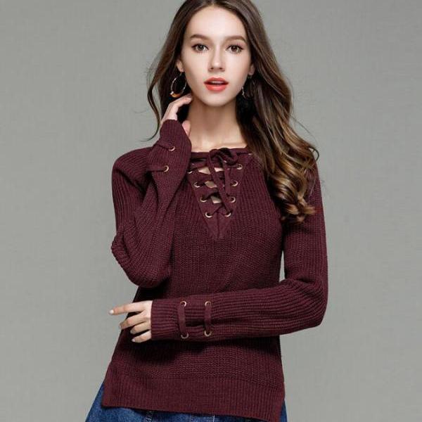 Burgundy Knitted Lace-up P..