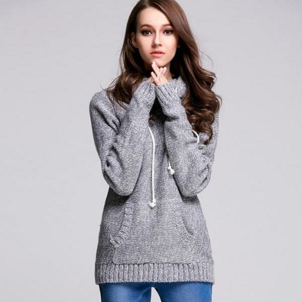 New Knit Long Sleeve Hooded Sweater - Grey