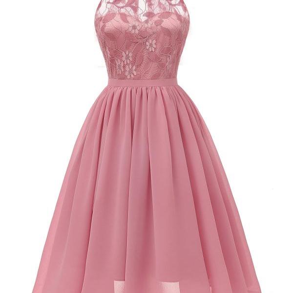 New Style Sleeveless Open Back Lace Dress - Pink