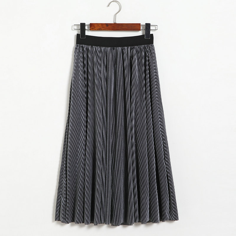 Women Stripe High Waist Pleated Skirt - Dark Grey on Luulla