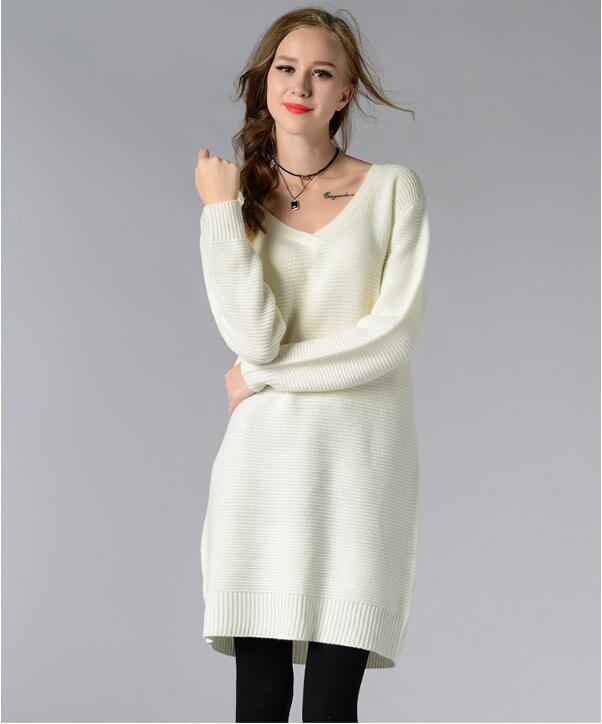 Knitted Plunge V Long Cuffed Sleeves Short Sweater Dress on Luulla