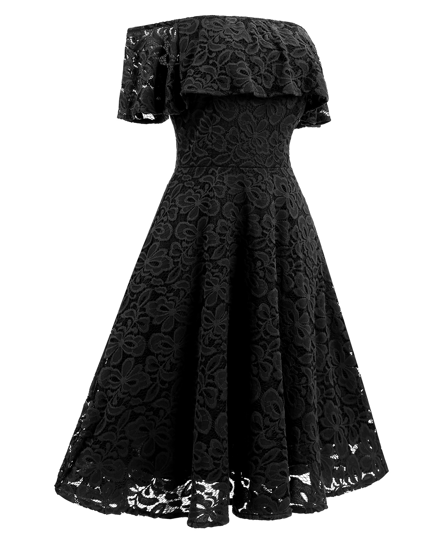 Black Casual Dress Off Shoulder Lace A Line Midi Dress on Luulla