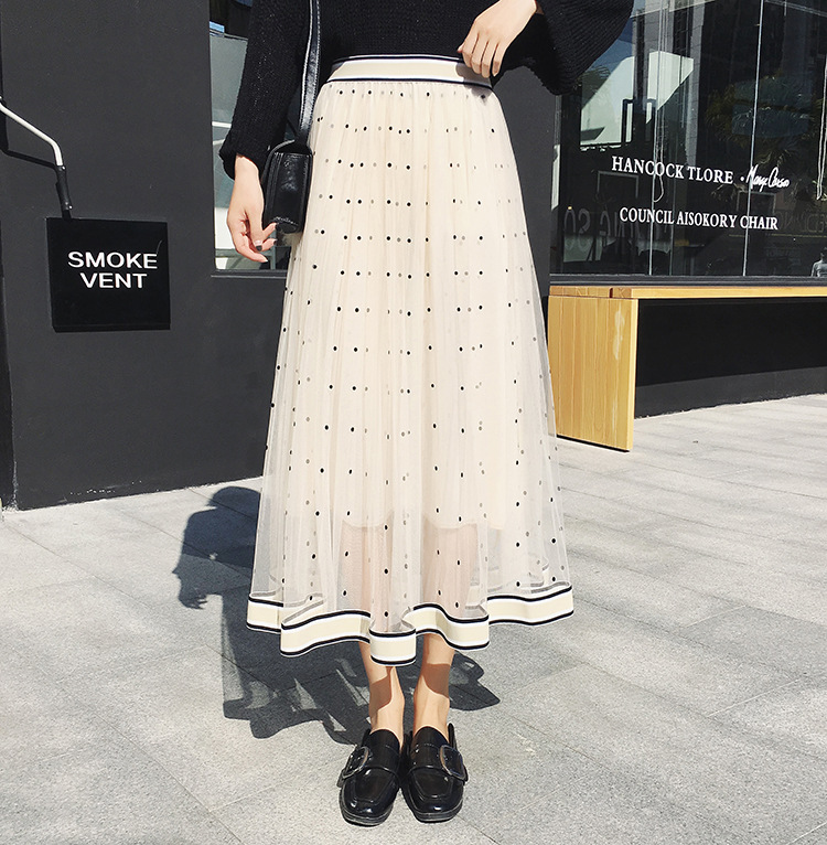 Women Gauze Polka Dot Print High Elastic Waist Skirt Beige on Luulla