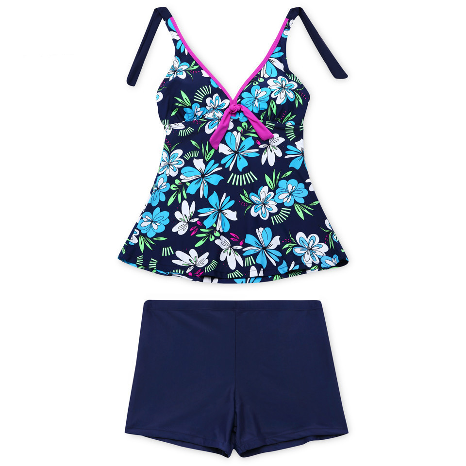 New V Neck Halter Print Swimsuit Set - Navy Blue on Luulla
