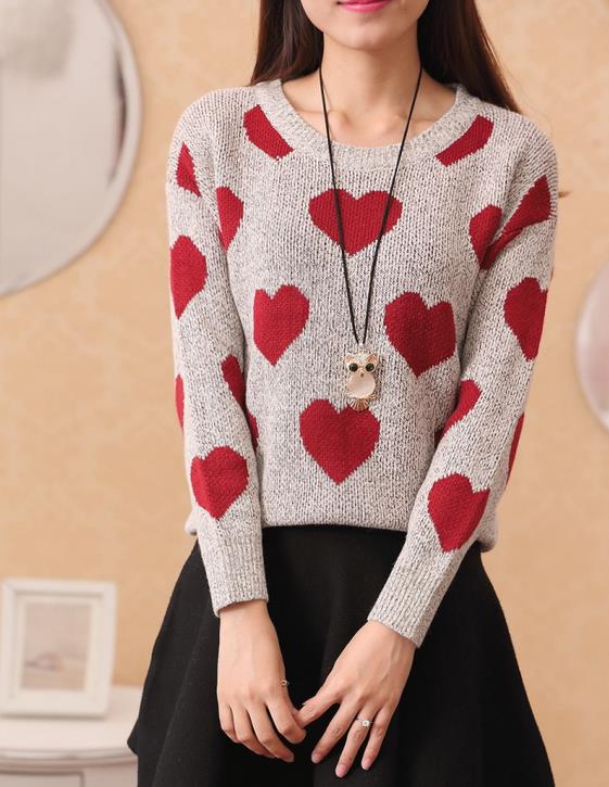 Heart Pattern Women Knit Pullover Sweater Shirt on Luulla