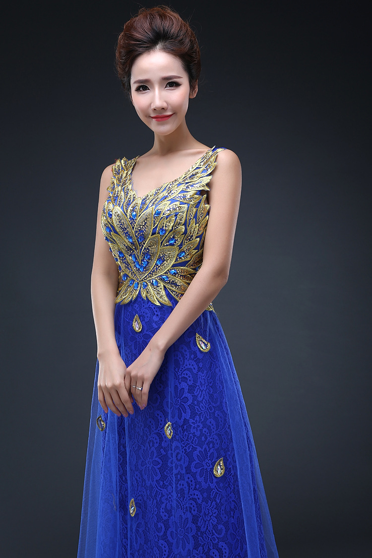 A Line Party Gowns Formal Gown Vneck Satin Beaded Peacock Pattern