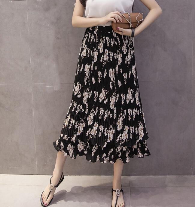 Floral Print Pleated Midi Skirt Featuring Ruffled Detailing on Luulla