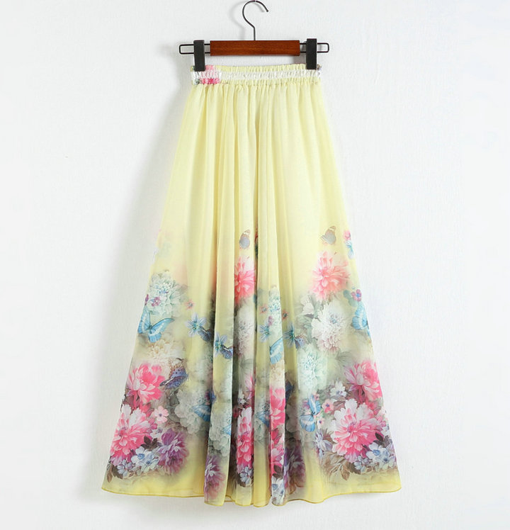 New Yellow Printing Pattern Chiffon Long Skirt For Women on Luulla